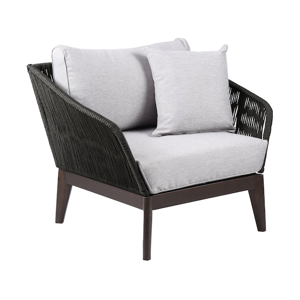 Armen Living Athos Indoor Outdoor Club Chair in Dark Eucalyptus Wood with Charcoal Rope and Gray Cushions LCATCHWDDK - main